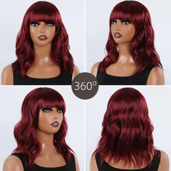Red Wavy Bob Wig with Bangs - Picture 2 of 5